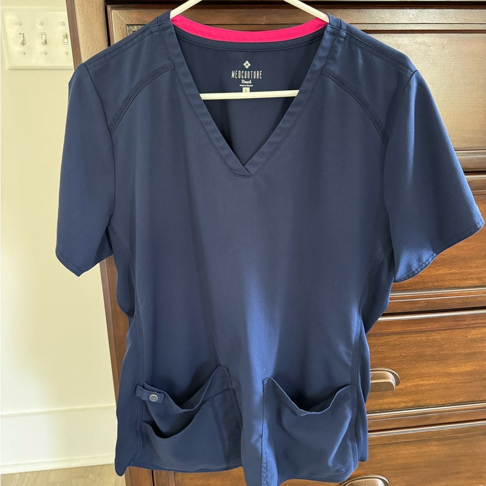 Med Couture Navy Scrub Top with Hot Pink Trim